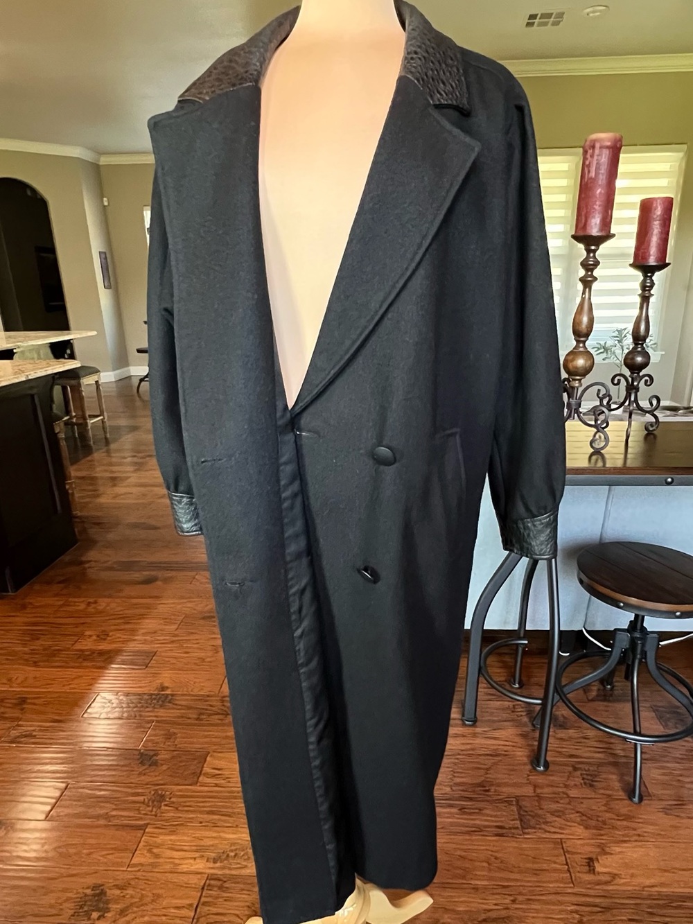 Vintage Havoc Black Wool Leather Trim Long Trench Coat USA Size 10 - Picture 9 of 15